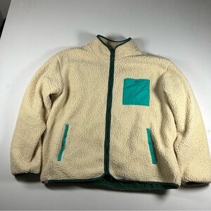 Lego Legoland faux fur jacket mens XXL Sherpa Colorblock Cream Green Warm